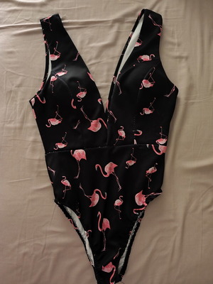 One-piece swimsuit with flamingo pattern, new, size Small, black and pink