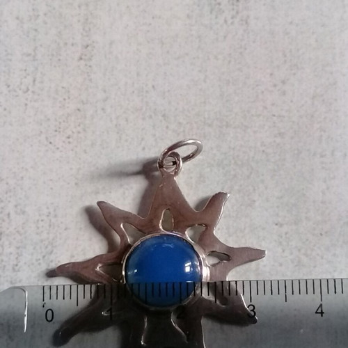 Silver 950 handmade sun pendant with blue mineral agate stone new