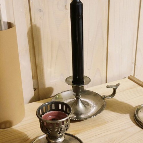 Vintage candlesticks used, set of three, including silver-plated blaker