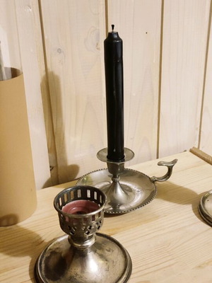 Vintage candlesticks used, set of three, including silver-plated blaker