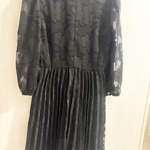 Black Formal Evening Dress with Lace Sleeves and Pleated Skirt like new