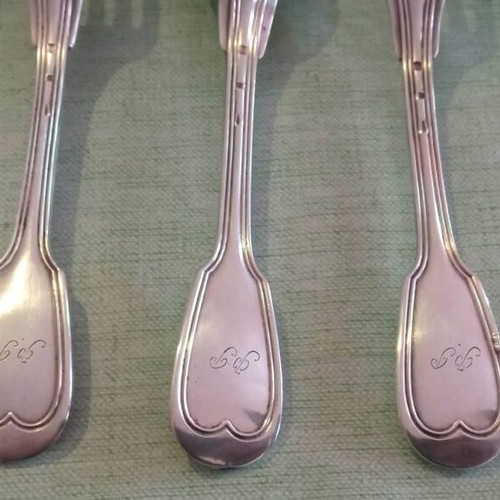 Christofle silver-plated Chinon cutlery set 5+1 used with monograms