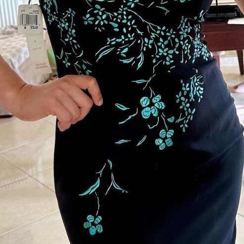 Dress Maggy London black with turquoise iridescent design new