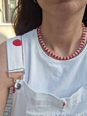Necklace with pink and red glass beads, stainless steel clasp made to order