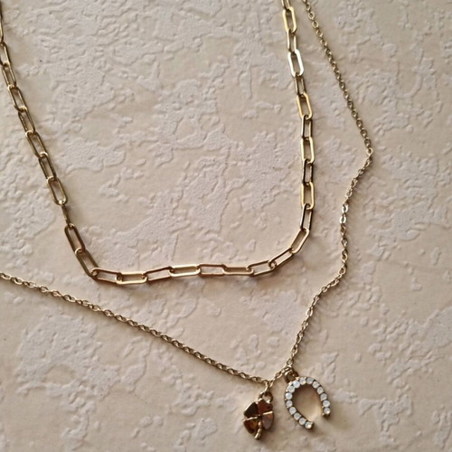 Double necklace new gold color with horseshoe rhinestones and clover