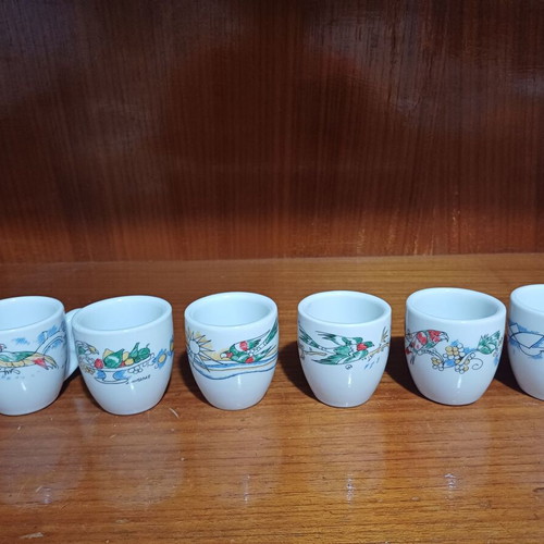 Loumidis Papagalos coffee cups set of 6 with D. Mytaras prints, new