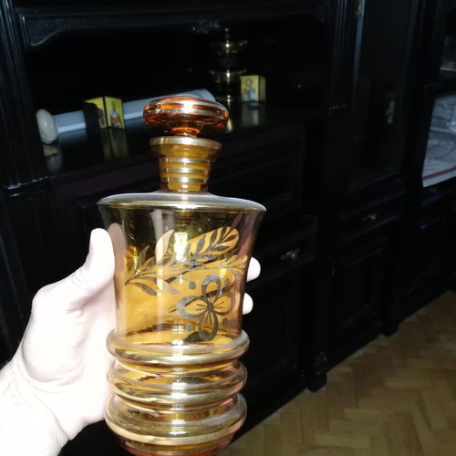 Vintage Amber Glass Liqueur Set with Decanter and Gold Trim like new