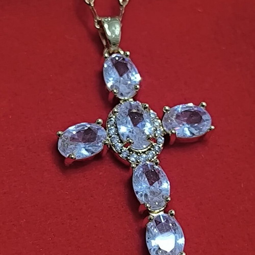 Elegant cross necklace with white stones in gold tone, new