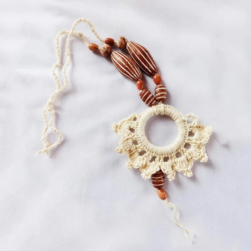 Handmade women's knitted necklace with ceramic beads and cotton yarn new