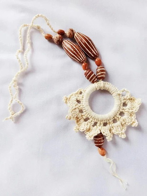 Handmade women's knitted necklace with ceramic beads and cotton yarn new