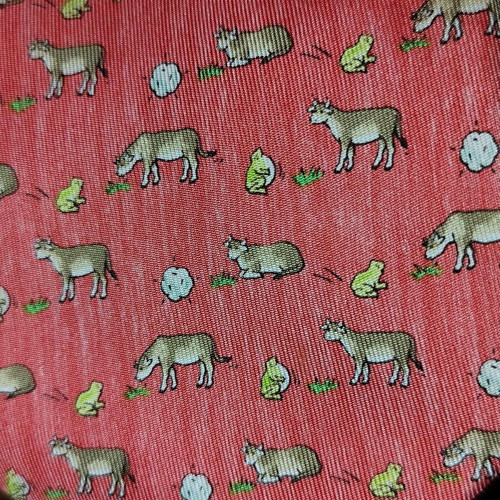 Hermes Paris 7893 MA silk tie used, pink with frog and cow pattern