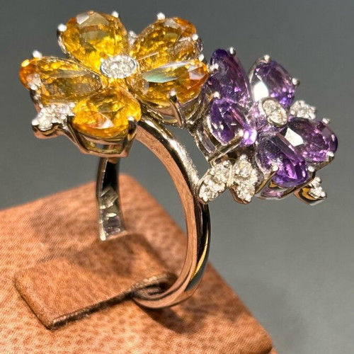 White gold k18 ring with brilliant, amethysts and citrine new