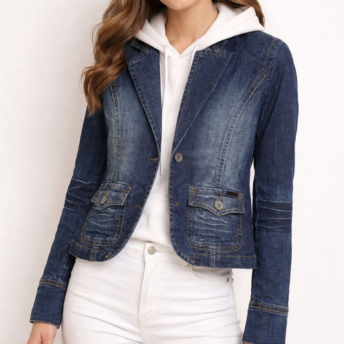 Women's jeans jacket with hood M like new, gray and blue