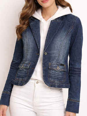 Women's jeans jacket with hood M like new, gray and blue