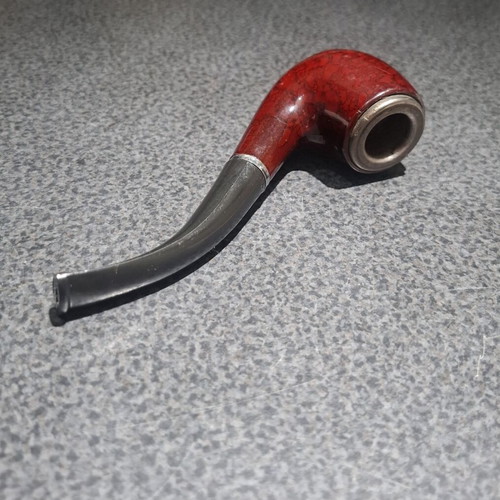Bent Tobacco Pipe with Red Briar Finish and Metal Rim