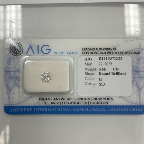 Natural diamond 0.66ct round brilliant, G color, SI3 clarity