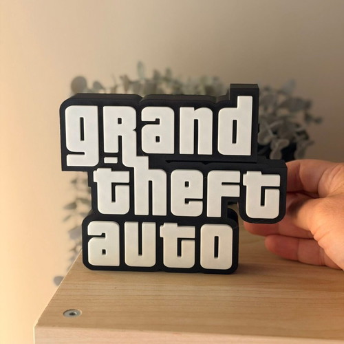 Grand Theft Auto Logo 3D Printed desk sign made from recycled PLA