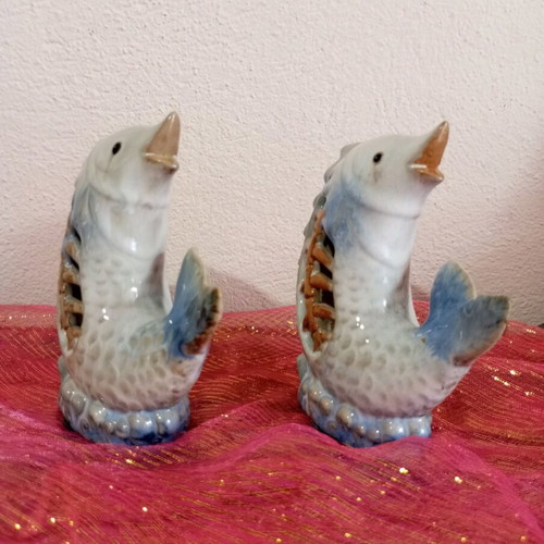 Set of 2 ceramic fish tealight holders new