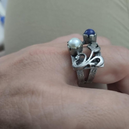 Ring handmade from metal, like new, white and blue