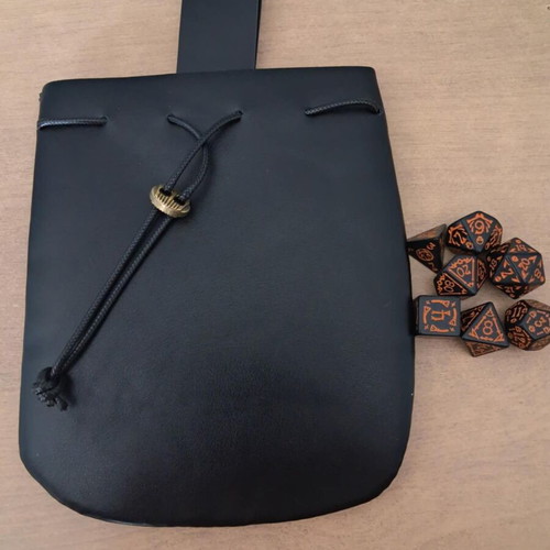 Big black faux-leather dice bag with black spooky D&D dice set