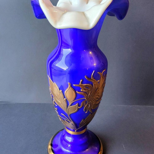 Vintage Bohemia Cobalt Blue Vase with Gold Floral Decoration, Like New