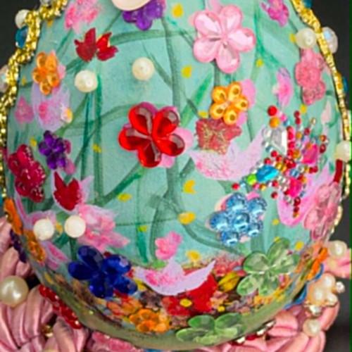 Handmade decorative plastic egg with floral design and beads, new