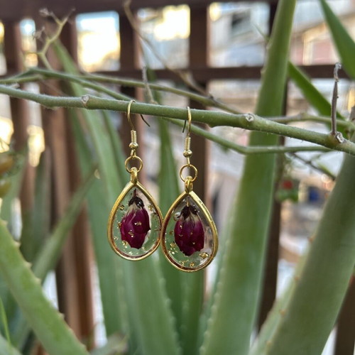 Handmade earrings with natural rose buds and gold leaves, new