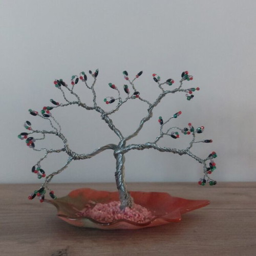 Decorative tree with wire and beads on orange leaf base new
