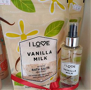 I Love Love Set Vanilla Milk, 2 τεμαχίων. Αρωματικό Mist και άλατα μπάνιου.