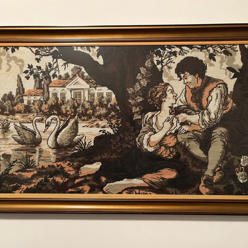 Handmade embroidered painting with couple and swans like new