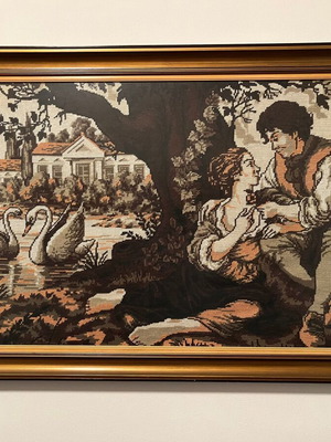 Handmade embroidered painting with couple and swans like new