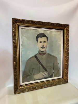 Vintage portrait of officer with campaign uniform and gold carved frame 73x66