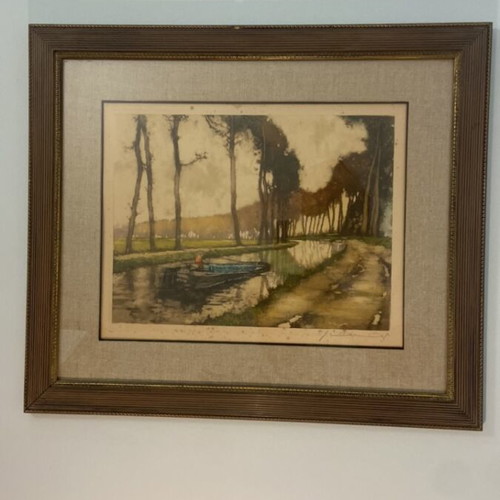 Old colored woodcut landscape with canal and boat, signed