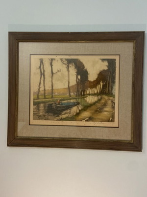 Old colored woodcut landscape with canal and boat, signed