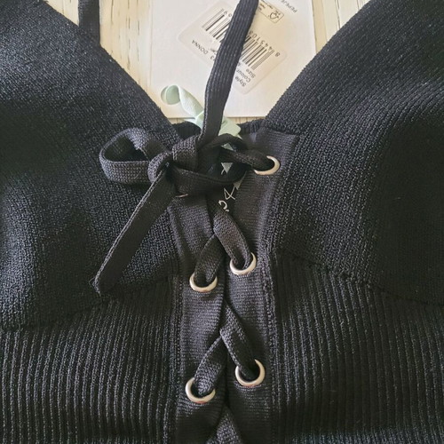 Pepe Jeans Dua Lipa Black Ribbed Top With Thin Straps And Crossed Lacing Size Medium New