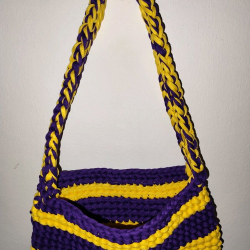 Crochet bag handmade shoulder bag from mako yarn yellow-purple new