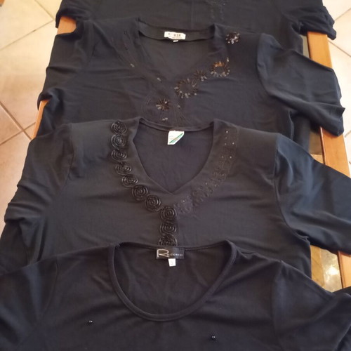 Women's black short-sleeve blouses, set of 4 with embroidery and sequins