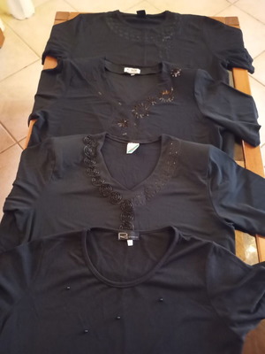 Women's black short-sleeve blouses, set of 4 with embroidery and sequins