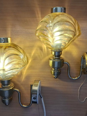 Vintage set of 3 brass wall lights with amber glass shades