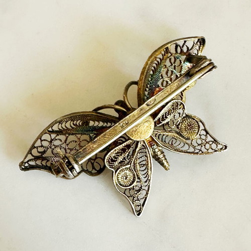 Vintage silver filigree butterfly brooch Art Deco 1930s used