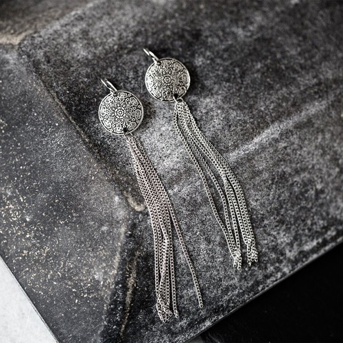 Silver boho tassel earrings long new with chains