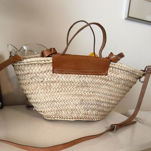 Mango straw shoulder and crossbody bag with leather details