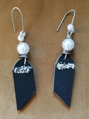 Leather earrings brown black with white pearls handmade unique