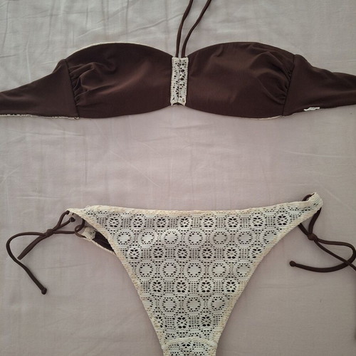 Tezenis women's bikini swimsuit, brown and cream lace