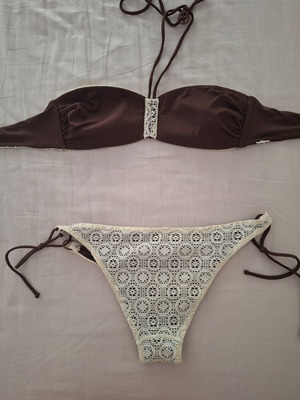 Tezenis women's bikini swimsuit, brown and cream lace