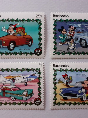 Redonda Disney X-Mas 1990 Mickey Mouse Classic Cars 4 Stamps Set new
