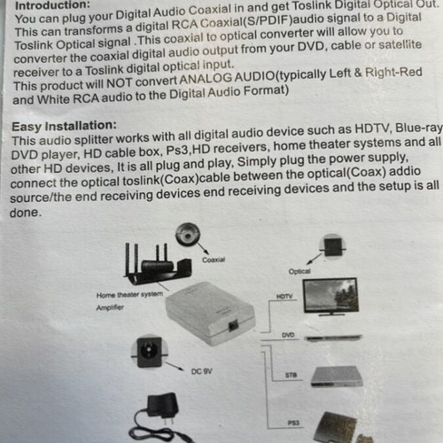 Digital Audio Converter Toslink to RCA new