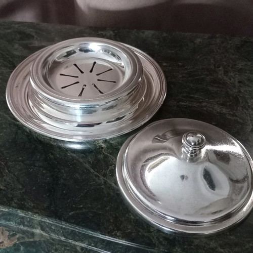 Silver-plated caviar serving dish used with monogram M