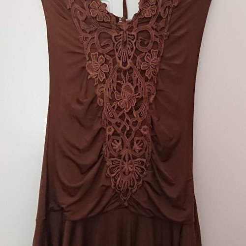 Short backless dress used with embroidery in brown chocolate color
