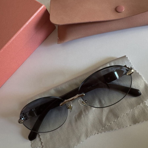 Rimless vintage-chic women's sunglasses, gradient blue-grey lenses